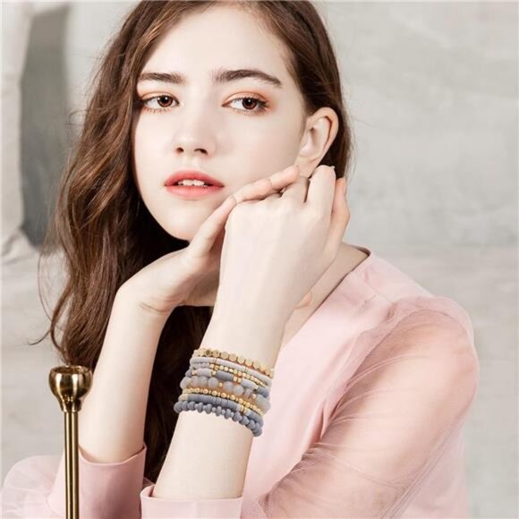 Surfer Heishi Clay Bead Bracelets for Women Bohemian Stackable Gold Grey - Picture 6 of 6